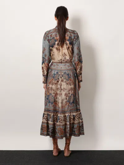 Zimmermann Womens Blue Cream Indienne Ascension Tiered Silk Midi Skirt Xs