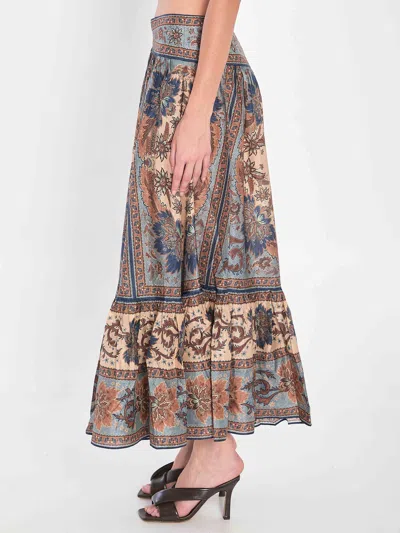 Zimmermann Womens Blue Cream Indienne Ascension Tiered Silk Midi Skirt Xs