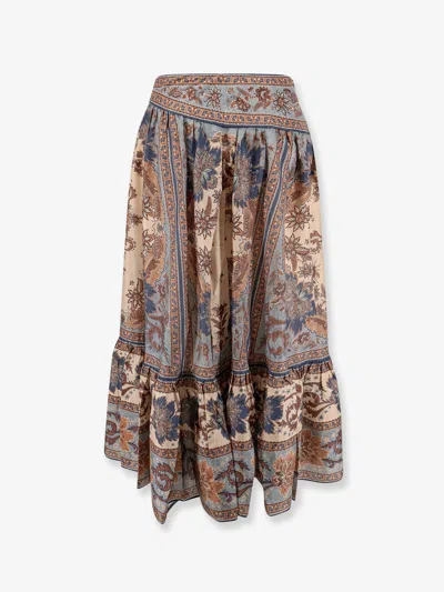 Zimmermann Womens Blue Cream Indienne Ascension Tiered Silk Midi Skirt Xs