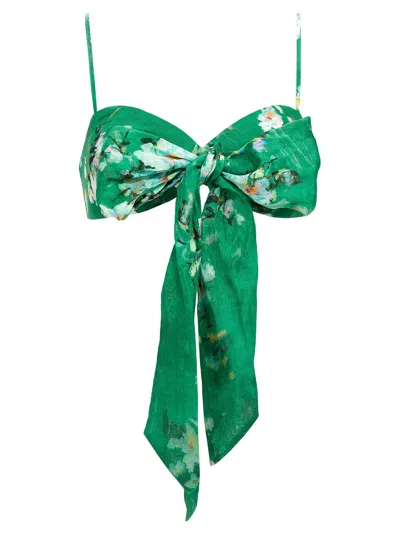 Zimmermann Everley Cropped Bow-detailed Pleated Floral-print Ramie Top In Green
