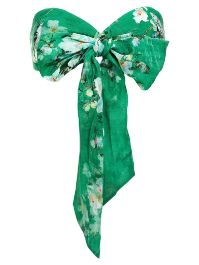 Zimmermann Everley Cropped Bow-detailed Pleated Floral-print Ramie Top In Green