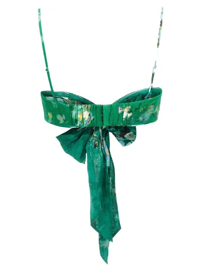 Zimmermann Everley Cropped Bow-detailed Pleated Floral-print Ramie Top In Green