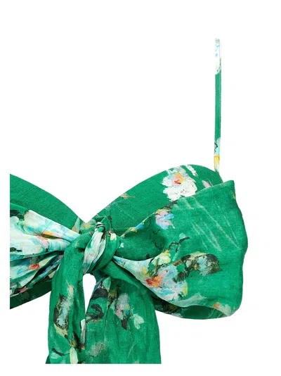 Zimmermann Everley Cropped Bow-detailed Pleated Floral-print Ramie Top In Green