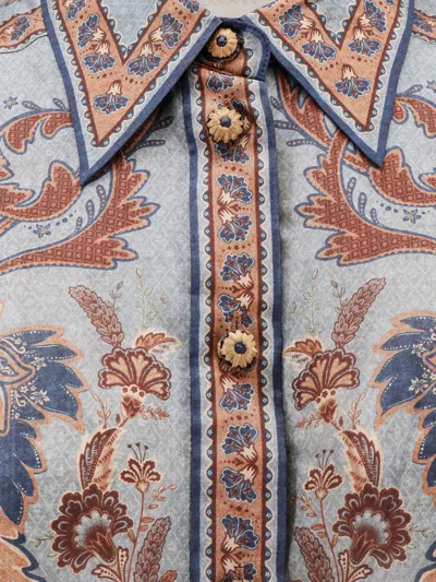Zimmermann Womens Blue Cream Indienne Ascension Manstyle Graphic-pattern Silk Shirt