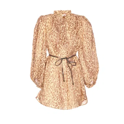 Zimmermann Cascadian Beige Tunic Dress With Stand-up Collar And All-over Leopard Print In Linen Woman