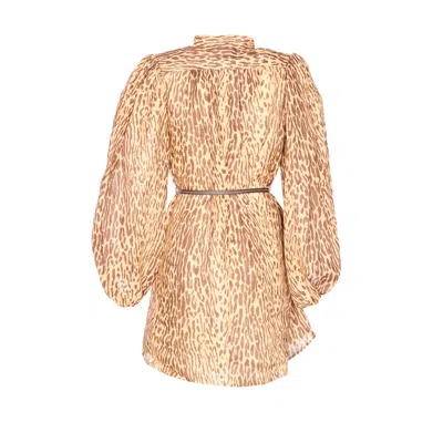 Zimmermann Cascadian Beige Tunic Dress With Stand-up Collar And All-over Leopard Print In Linen Woman