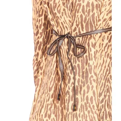 Zimmermann Cascadian Beige Tunic Dress With Stand-up Collar And All-over Leopard Print In Linen Woman