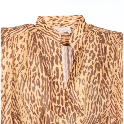Zimmermann Cascadian Beige Tunic Dress With Stand-up Collar And All-over Leopard Print In Linen Woman