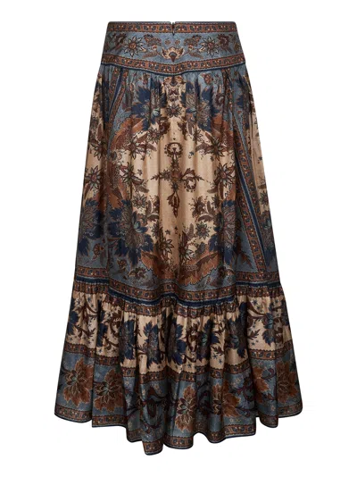 Zimmermann Womens Blue Cream Indienne Ascension Tiered Silk Midi Skirt Xs