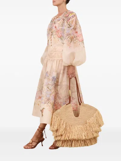 Zimmermann Illuminatebeige Blouse With Puffed Sleeves And All-over Floral Print In Linen And Silk Blend Woman