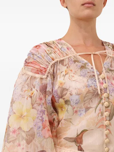 Zimmermann Illuminatebeige Blouse With Puffed Sleeves And All-over Floral Print In Linen And Silk Blend Woman