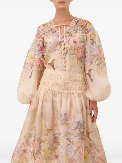 Zimmermann Illuminatebeige Blouse With Puffed Sleeves And All-over Floral Print In Linen And Silk Blend Woman