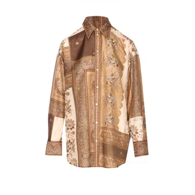 Zimmermann Lucky Brown Shirt With Classic Collar And All-over Floral Print In Silk Woman In Brown
