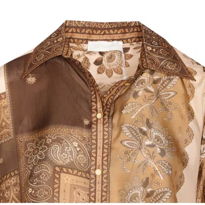 Zimmermann Lucky Brown Shirt With Classic Collar And All-over Floral Print In Silk Woman In Brown