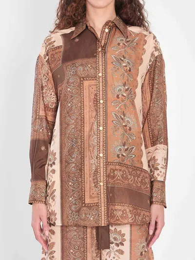 Zimmermann Lucky Brown Shirt With Classic Collar And All-over Floral Print In Silk Woman In Brown
