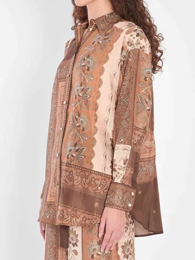 Zimmermann Lucky Brown Shirt With Classic Collar And All-over Floral Print In Silk Woman In Brown