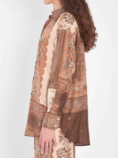 Zimmermann Lucky Brown Shirt With Classic Collar And All-over Floral Print In Silk Woman In Brown