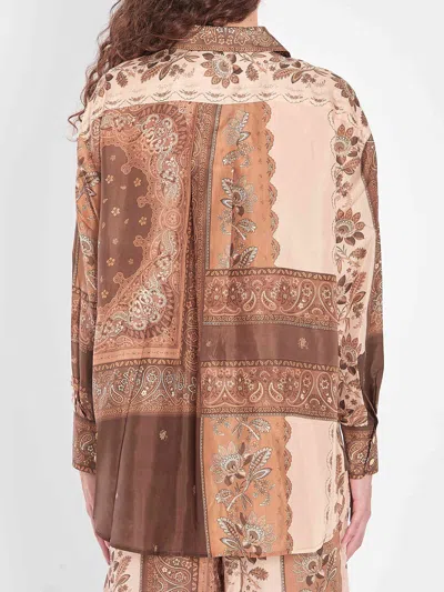 Zimmermann Lucky Brown Shirt With Classic Collar And All-over Floral Print In Silk Woman In Brown