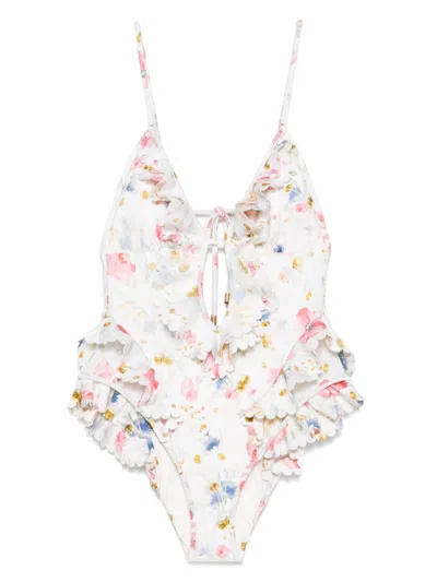 Zimmermann Multicolour Floral Swimsuit With Ruffled Edges And Adjustable Ties In Multi