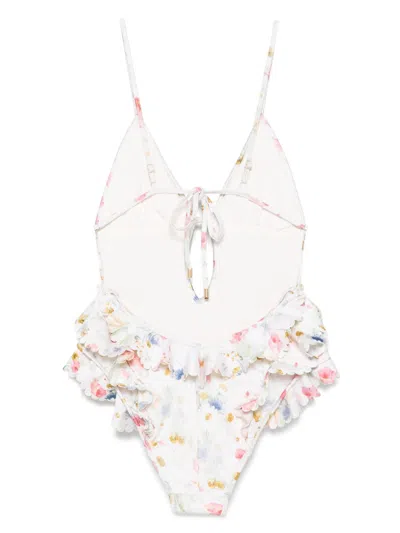 Zimmermann Multicolour Floral Swimsuit With Ruffled Edges And Adjustable Ties In Multi