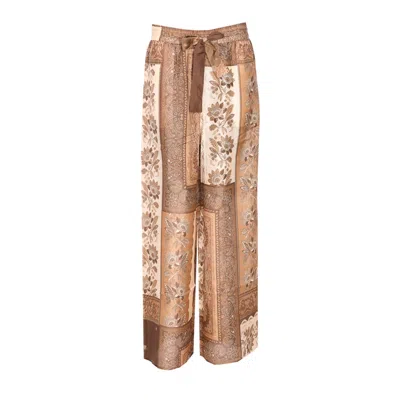 Zimmermann Lucky Brown Pants With Elastic Drawstring Waist And All-over Floral Print In Silk Woman