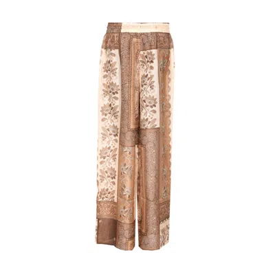Zimmermann Lucky Brown Pants With Elastic Drawstring Waist And All-over Floral Print In Silk Woman