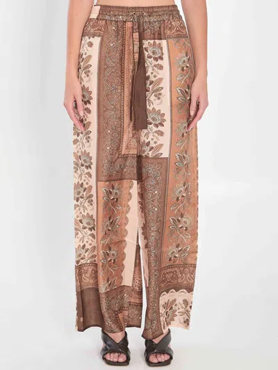 Zimmermann Lucky Brown Pants With Elastic Drawstring Waist And All-over Floral Print In Silk Woman