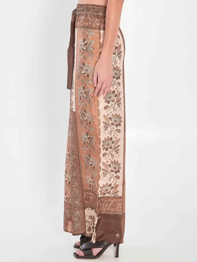 Zimmermann Lucky Brown Pants With Elastic Drawstring Waist And All-over Floral Print In Silk Woman