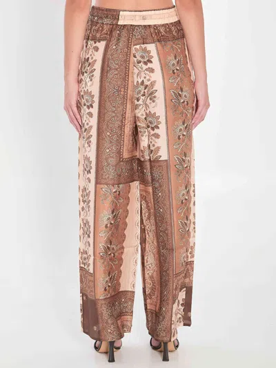Zimmermann Lucky Brown Pants With Elastic Drawstring Waist And All-over Floral Print In Silk Woman