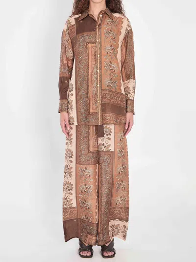 Zimmermann Lucky Brown Pants With Elastic Drawstring Waist And All-over Floral Print In Silk Woman