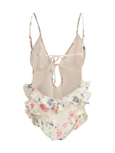 Zimmermann Multicolour Floral Swimsuit With Ruffled Edges And Adjustable Ties In Multi