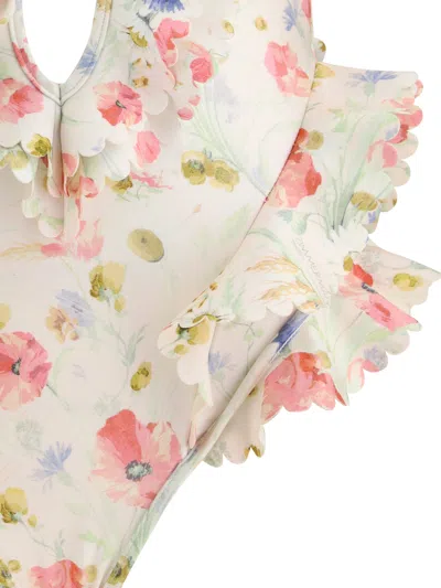 Zimmermann Multicolour Floral Swimsuit With Ruffled Edges And Adjustable Ties In Multi