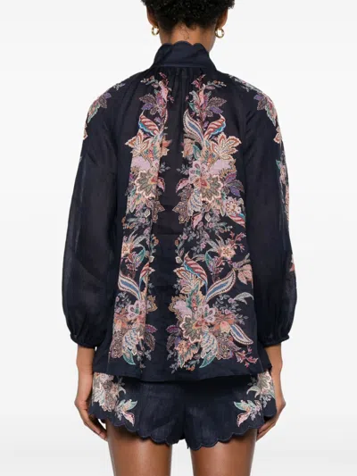 Zimmermann Rhiannon Billow Blue Blouse With High Neck And All-over Paisley Print In Ramie Woman
