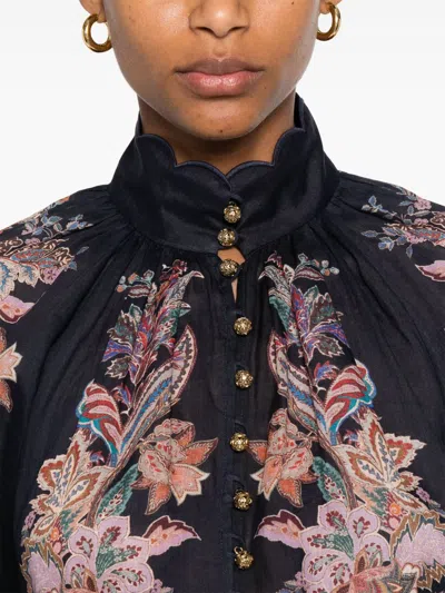 Zimmermann Rhiannon Billow Blue Blouse With High Neck And All-over Paisley Print In Ramie Woman