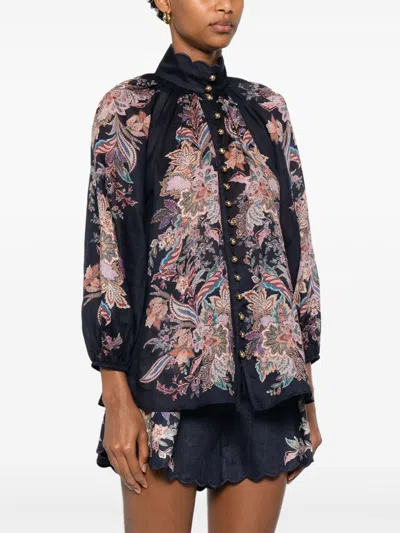Zimmermann Rhiannon Billow Blue Blouse With High Neck And All-over Paisley Print In Ramie Woman