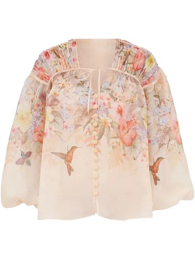 Zimmermann Illuminatebeige Blouse With Puffed Sleeves And All-over Floral Print In Linen And Silk Blend Woman