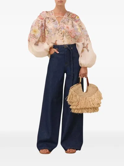 Zimmermann Illuminatebeige Blouse With Puffed Sleeves And All-over Floral Print In Linen And Silk Blend Woman