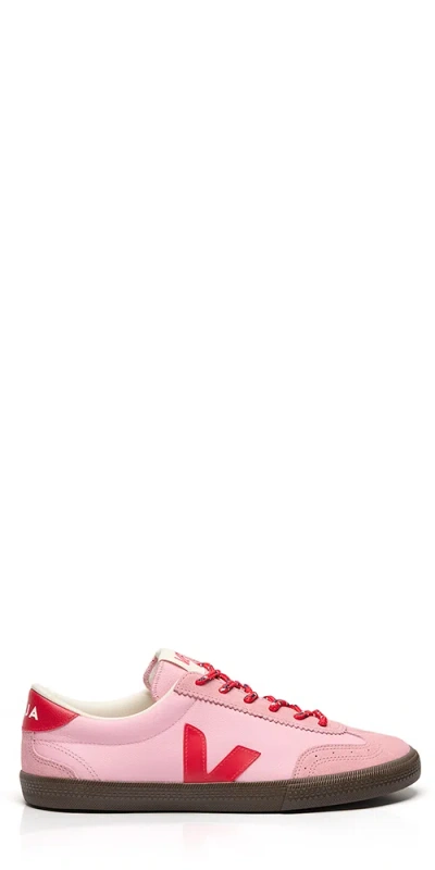 Veja Volley Leather Sneaker In Guimauve Pekin Eagle In Pink