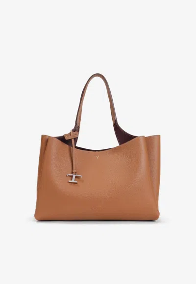 Tod's T Timeless Leather Tote Bag In Brown For Women