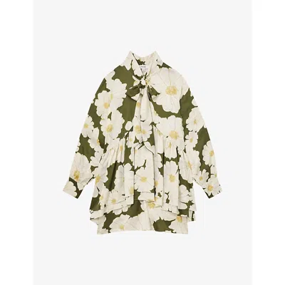 Reiss Womens Ivory Green Neva Floral-print Cotton Mini Dress In Multi
