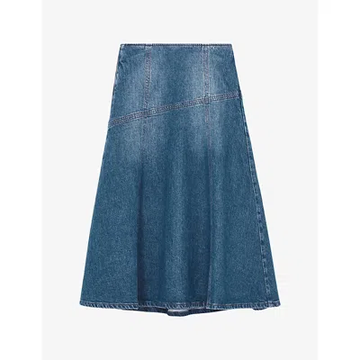 Reiss Womens Indigo Fee Patchwork High-rise Denim Midi Skirt