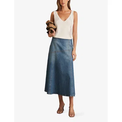 Reiss Womens Indigo Fee Patchwork High-rise Denim Midi Skirt