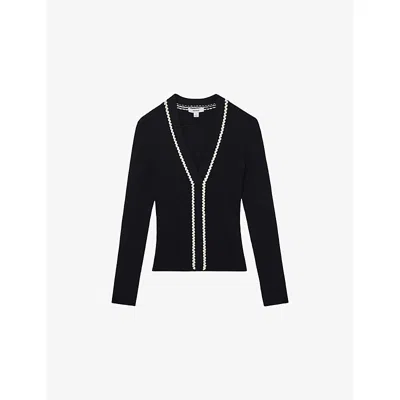 Reiss Womens Navy White Lauri Craft-stitch Ribbed-knit Top In Black