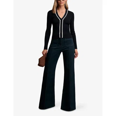 Reiss Womens Navy White Lauri Craft-stitch Ribbed-knit Top In Black