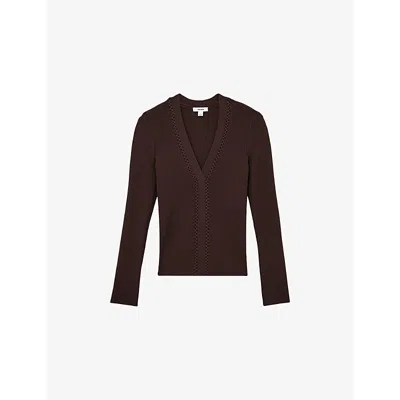 Reiss Womens Mocha Brown Lauri Craft-stitch Ribbed-knit Top