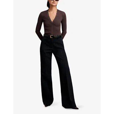 Reiss Womens Mocha Brown Lauri Craft-stitch Ribbed-knit Top