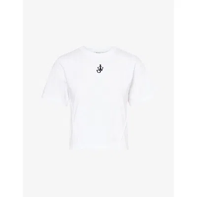 Jw Anderson Mens White Anchor-embroidery Crop Cotton-jersey T-shirt In White