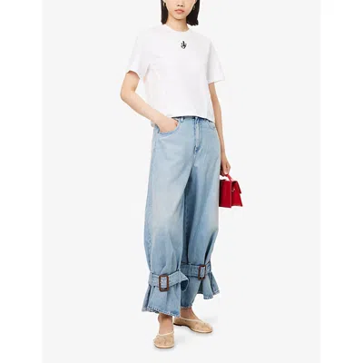 Jw Anderson Mens White Anchor-embroidery Crop Cotton-jersey T-shirt In White