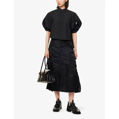 Sacai Womens Black Shell-short-sleeves Crop Woven Shirt