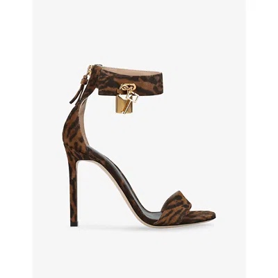 Tom Ford Brown Ocelot-print Suede Padlock Heeled Sandals In Brown